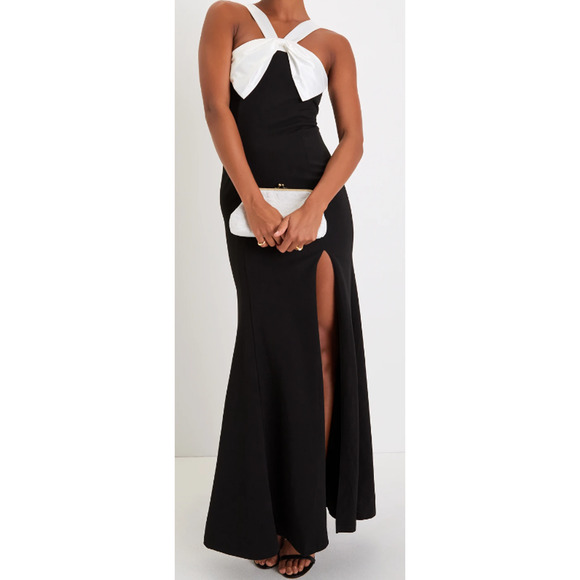 LULU'S SZ L Luxurious Outlook Black White Bow Mermaid Maxi Dress NWT b63 - Picture 1 of 11